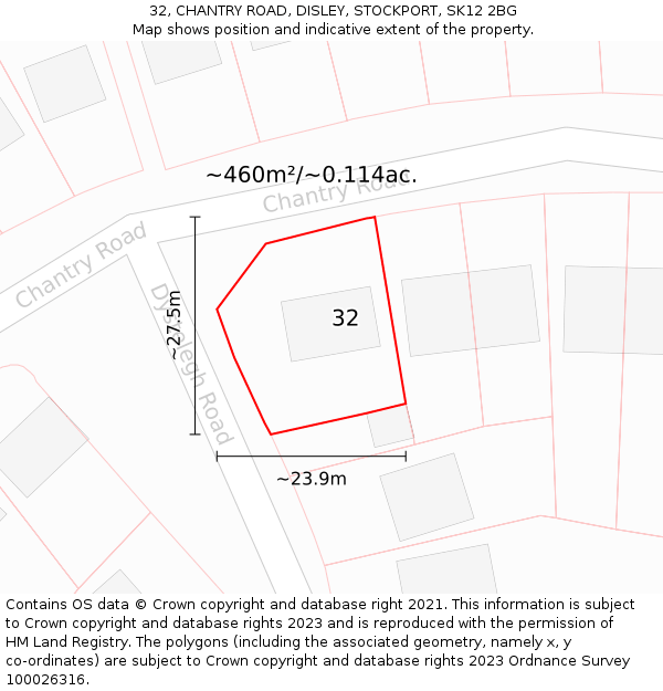 32, CHANTRY ROAD, DISLEY, STOCKPORT, SK12 2BG: Plot and title map