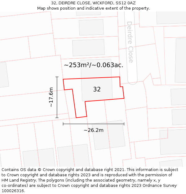 32, DEIRDRE CLOSE, WICKFORD, SS12 0AZ: Plot and title map