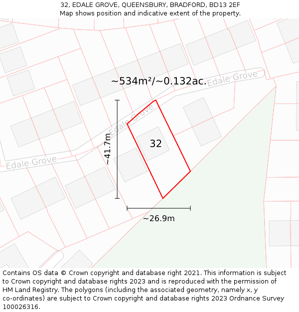 32, EDALE GROVE, QUEENSBURY, BRADFORD, BD13 2EF: Plot and title map