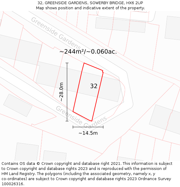 32, GREENSIDE GARDENS, SOWERBY BRIDGE, HX6 2UP: Plot and title map