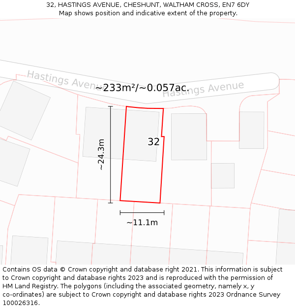 32, HASTINGS AVENUE, CHESHUNT, WALTHAM CROSS, EN7 6DY: Plot and title map