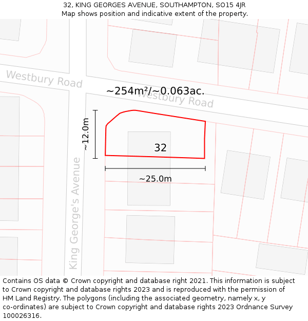 32, KING GEORGES AVENUE, SOUTHAMPTON, SO15 4JR: Plot and title map