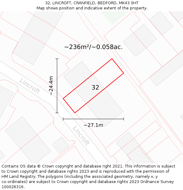 32, LINCROFT, CRANFIELD, BEDFORD, MK43 0HT: Plot and title map