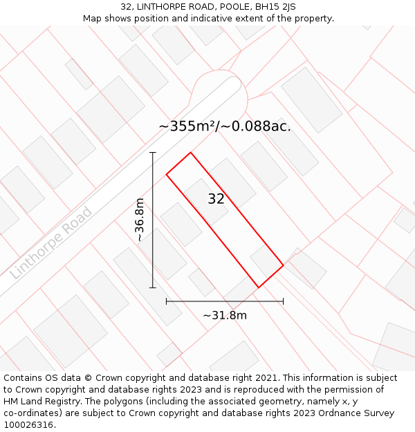 32, LINTHORPE ROAD, POOLE, BH15 2JS: Plot and title map