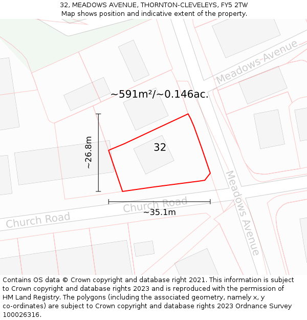 32, MEADOWS AVENUE, THORNTON-CLEVELEYS, FY5 2TW: Plot and title map