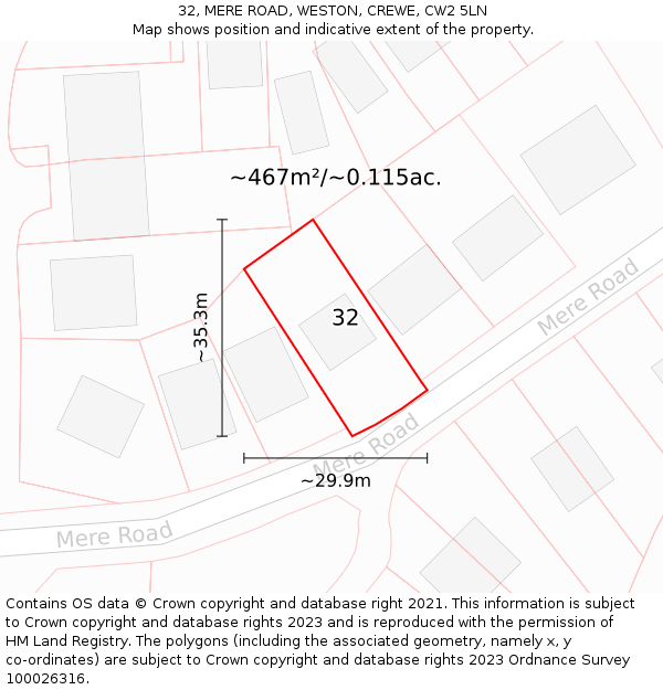 32, MERE ROAD, WESTON, CREWE, CW2 5LN: Plot and title map