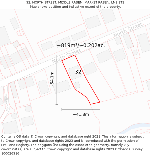 32, NORTH STREET, MIDDLE RASEN, MARKET RASEN, LN8 3TS: Plot and title map