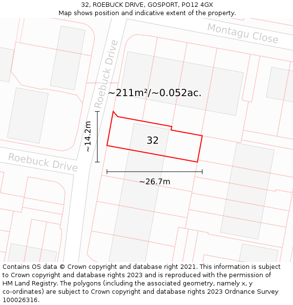 32, ROEBUCK DRIVE, GOSPORT, PO12 4GX: Plot and title map