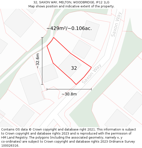 32, SAXON WAY, MELTON, WOODBRIDGE, IP12 1LG: Plot and title map