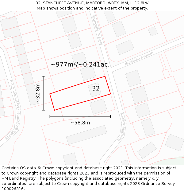 32, STANCLIFFE AVENUE, MARFORD, WREXHAM, LL12 8LW: Plot and title map