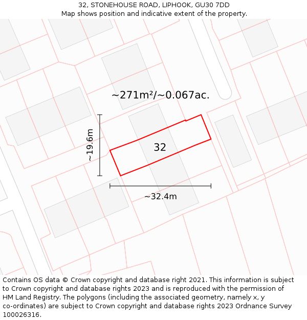 32, STONEHOUSE ROAD, LIPHOOK, GU30 7DD: Plot and title map