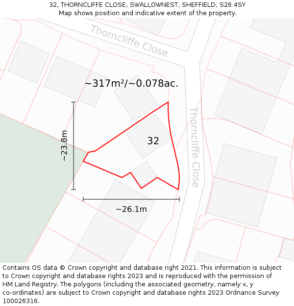 32, THORNCLIFFE CLOSE, SWALLOWNEST, SHEFFIELD, S26 4SY: Plot and title map