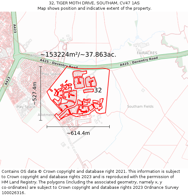 32, TIGER MOTH DRIVE, SOUTHAM, CV47 1AS: Plot and title map