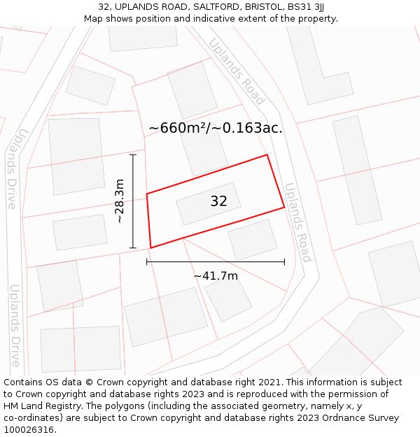 32, UPLANDS ROAD, SALTFORD, BRISTOL, BS31 3JJ: Plot and title map