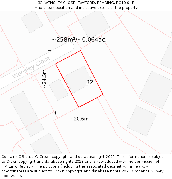 32, WENSLEY CLOSE, TWYFORD, READING, RG10 9HR: Plot and title map