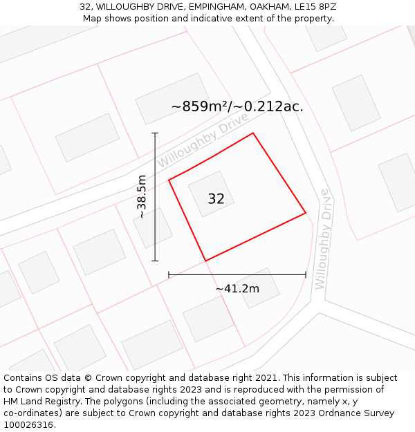 32, WILLOUGHBY DRIVE, EMPINGHAM, OAKHAM, LE15 8PZ: Plot and title map