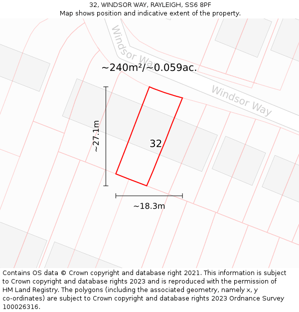 32, WINDSOR WAY, RAYLEIGH, SS6 8PF: Plot and title map