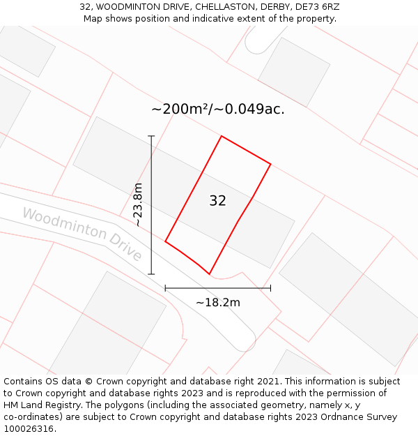 32, WOODMINTON DRIVE, CHELLASTON, DERBY, DE73 6RZ: Plot and title map