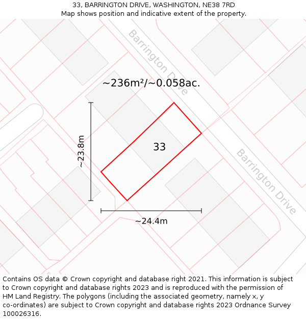 33, BARRINGTON DRIVE, WASHINGTON, NE38 7RD: Plot and title map