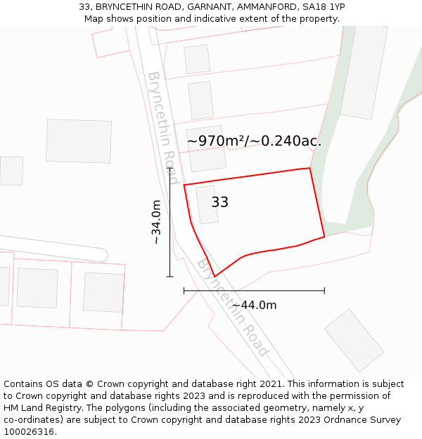 33, BRYNCETHIN ROAD, GARNANT, AMMANFORD, SA18 1YP: Plot and title map