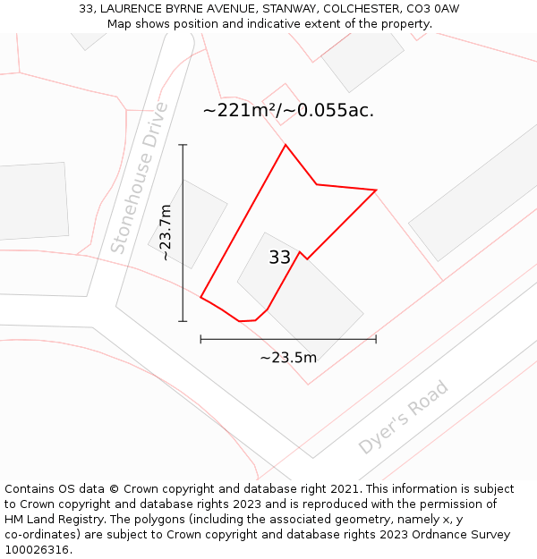 33, LAURENCE BYRNE AVENUE, STANWAY, COLCHESTER, CO3 0AW: Plot and title map