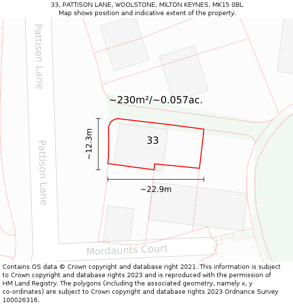 33, PATTISON LANE, WOOLSTONE, MILTON KEYNES, MK15 0BL: Plot and title map