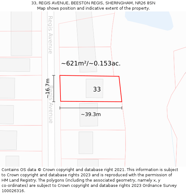 33, REGIS AVENUE, BEESTON REGIS, SHERINGHAM, NR26 8SN: Plot and title map