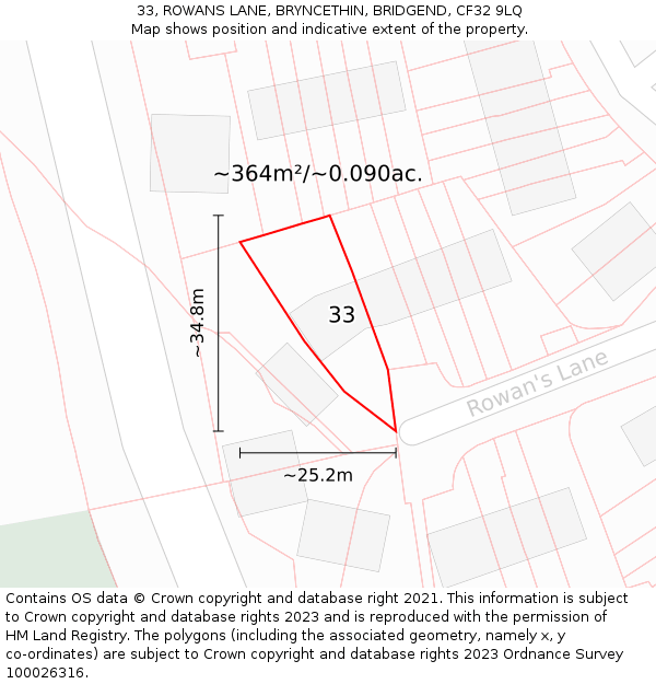 33, ROWANS LANE, BRYNCETHIN, BRIDGEND, CF32 9LQ: Plot and title map