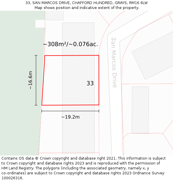 33, SAN MARCOS DRIVE, CHAFFORD HUNDRED, GRAYS, RM16 6LW: Plot and title map