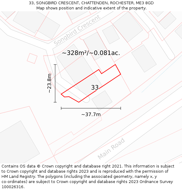 33, SONGBIRD CRESCENT, CHATTENDEN, ROCHESTER, ME3 8GD: Plot and title map