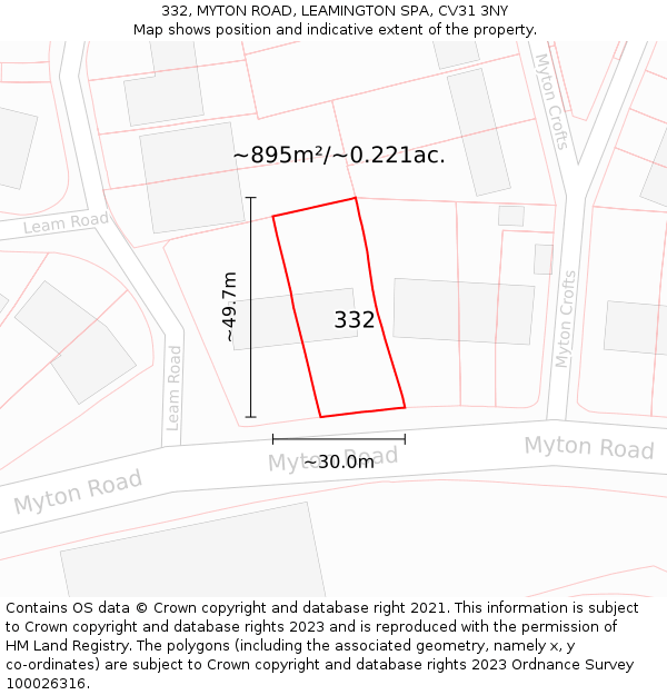 332, MYTON ROAD, LEAMINGTON SPA, CV31 3NY: Plot and title map