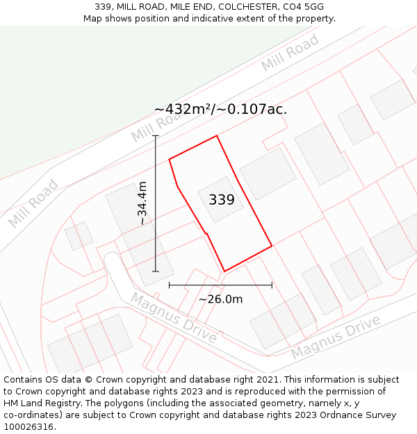 339, MILL ROAD, MILE END, COLCHESTER, CO4 5GG: Plot and title map