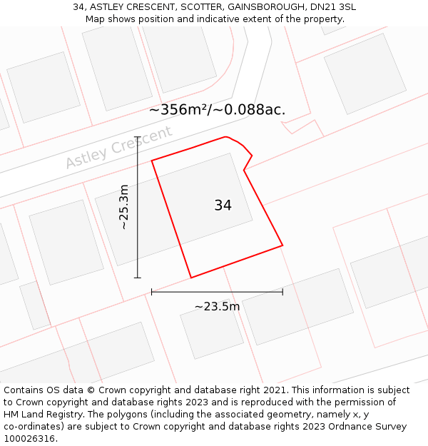 34, ASTLEY CRESCENT, SCOTTER, GAINSBOROUGH, DN21 3SL: Plot and title map