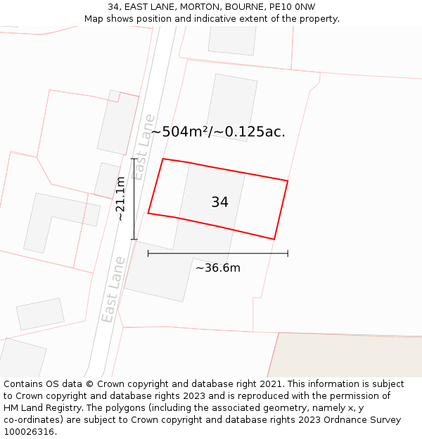 34, EAST LANE, MORTON, BOURNE, PE10 0NW: Plot and title map