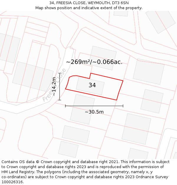 34, FREESIA CLOSE, WEYMOUTH, DT3 6SN: Plot and title map