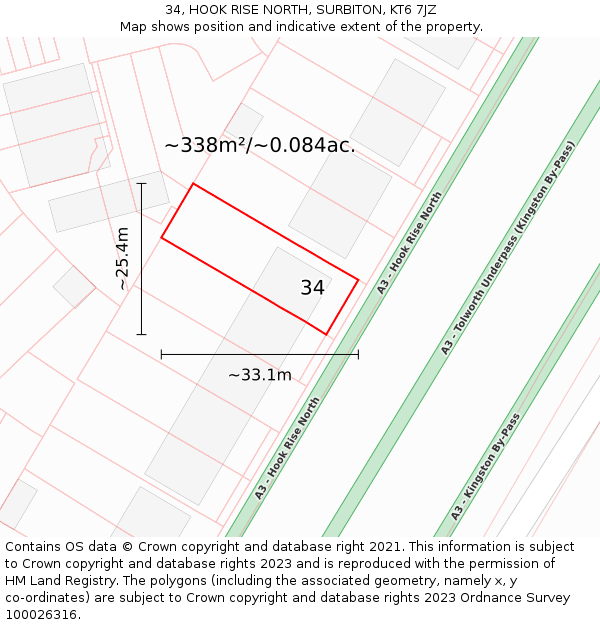 34, HOOK RISE NORTH, SURBITON, KT6 7JZ: Plot and title map