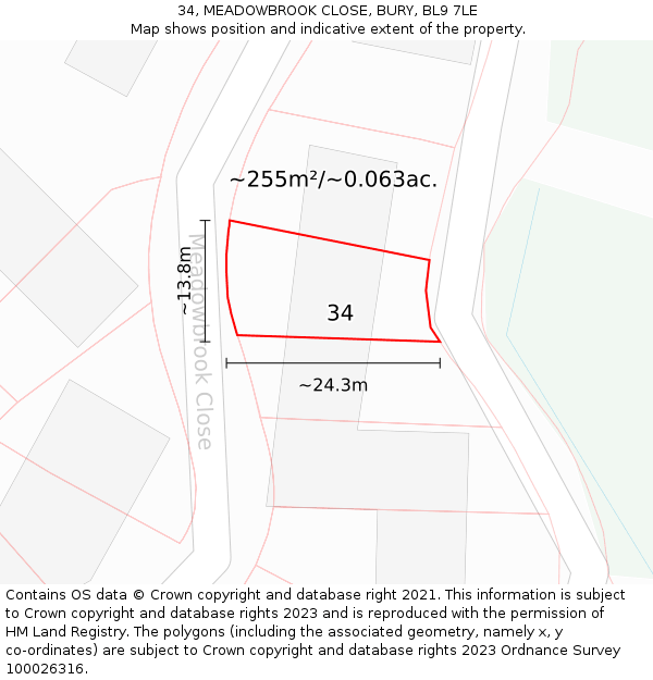 34, MEADOWBROOK CLOSE, BURY, BL9 7LE: Plot and title map