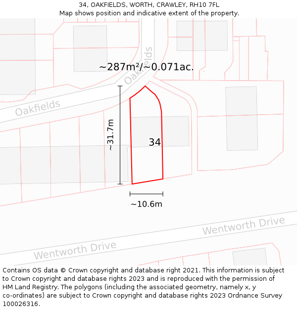 34, OAKFIELDS, WORTH, CRAWLEY, RH10 7FL: Plot and title map