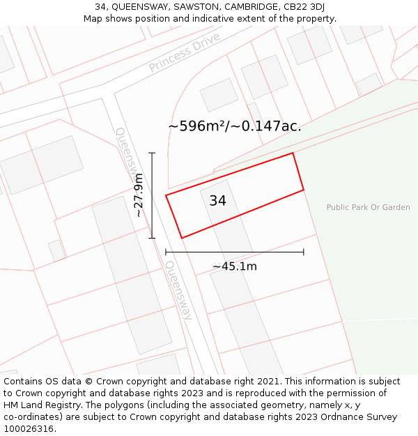 34, QUEENSWAY, SAWSTON, CAMBRIDGE, CB22 3DJ: Plot and title map