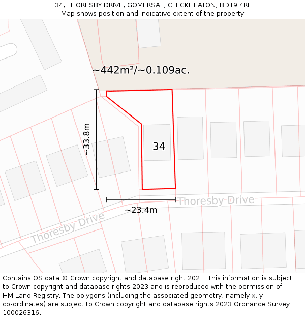 34, THORESBY DRIVE, GOMERSAL, CLECKHEATON, BD19 4RL: Plot and title map