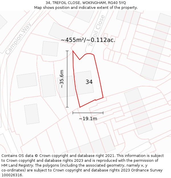 34, TREFOIL CLOSE, WOKINGHAM, RG40 5YQ: Plot and title map