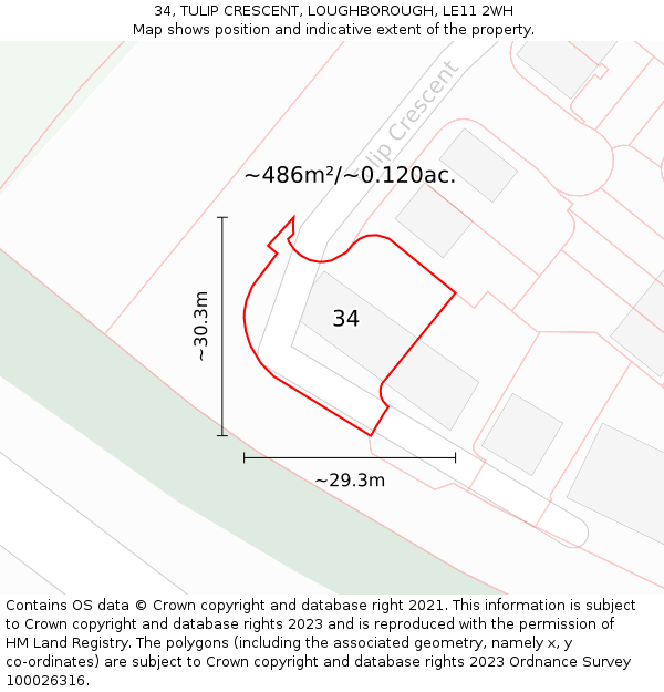 34, TULIP CRESCENT, LOUGHBOROUGH, LE11 2WH: Plot and title map