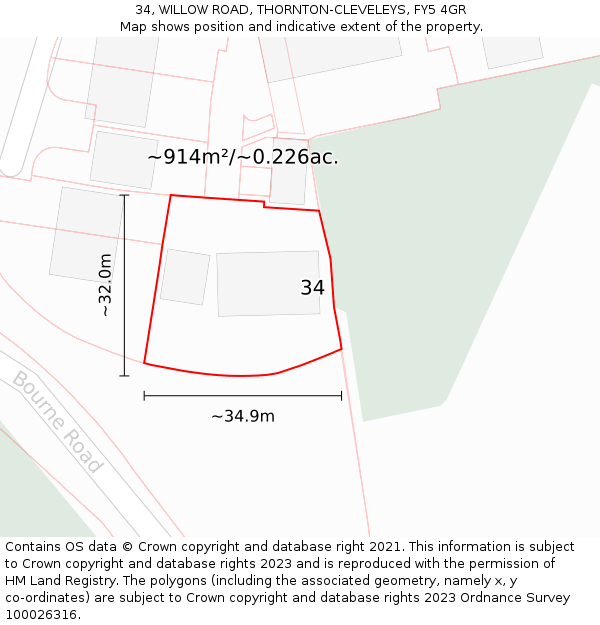 34, WILLOW ROAD, THORNTON-CLEVELEYS, FY5 4GR: Plot and title map