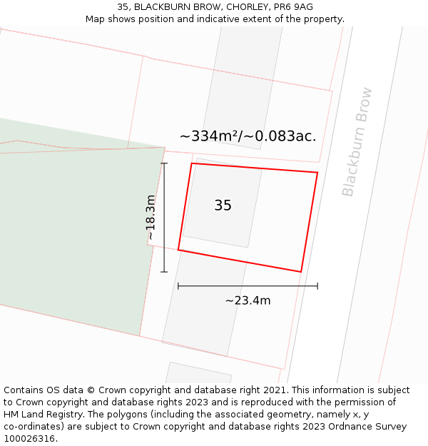 35, BLACKBURN BROW, CHORLEY, PR6 9AG: Plot and title map