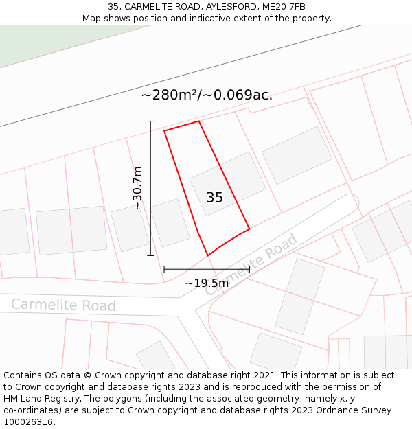 35, CARMELITE ROAD, AYLESFORD, ME20 7FB: Plot and title map