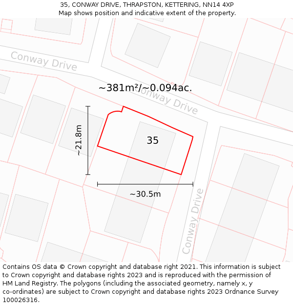 35, CONWAY DRIVE, THRAPSTON, KETTERING, NN14 4XP: Plot and title map