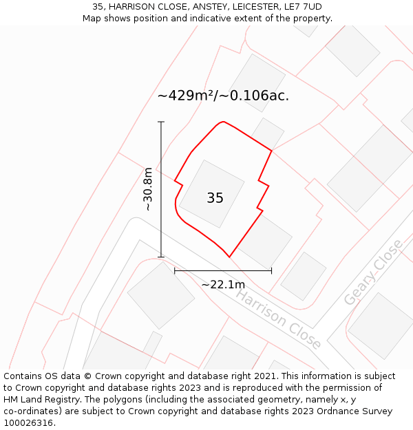 35, HARRISON CLOSE, ANSTEY, LEICESTER, LE7 7UD: Plot and title map