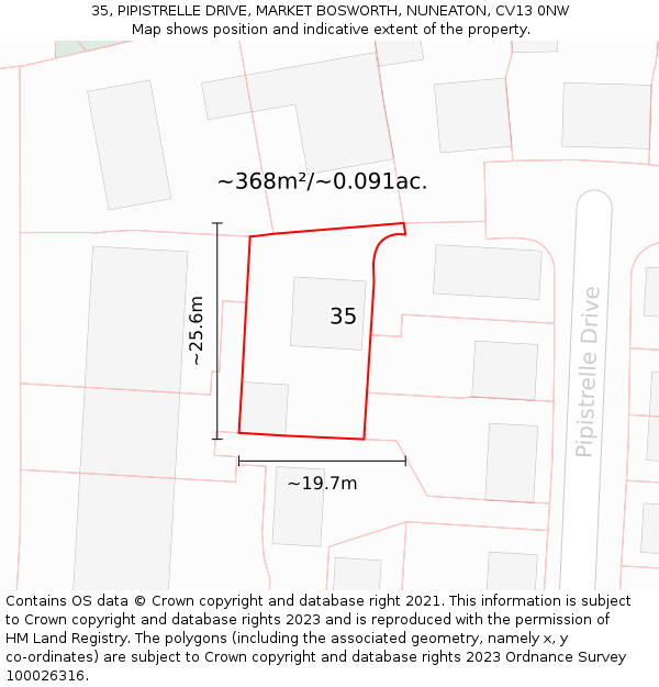 35, PIPISTRELLE DRIVE, MARKET BOSWORTH, NUNEATON, CV13 0NW: Plot and title map