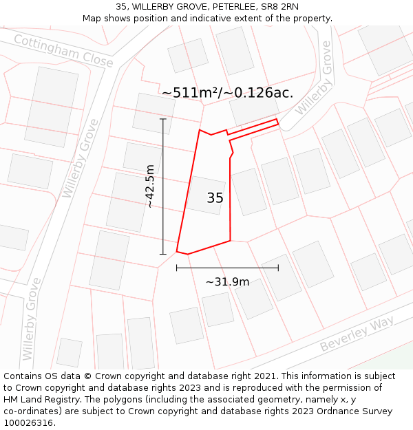 35, WILLERBY GROVE, PETERLEE, SR8 2RN: Plot and title map