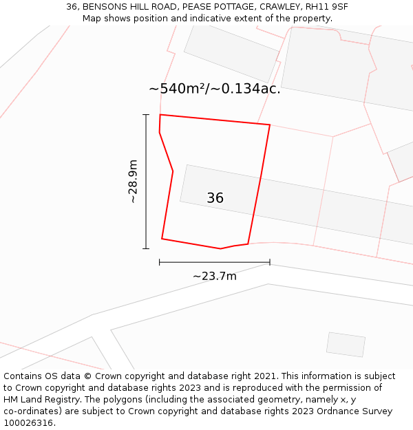 36, BENSONS HILL ROAD, PEASE POTTAGE, CRAWLEY, RH11 9SF: Plot and title map